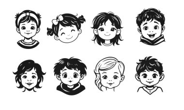 Tatlı çocuk yüzleri, çizgi film çocukları, duygusal bebek ifadeleri, siyah beyaz karakterler.