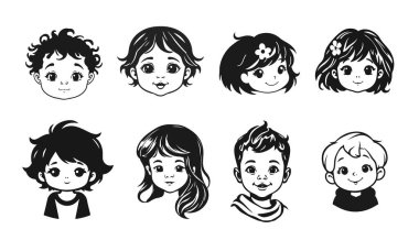 Tatlı çocuk yüzleri, çizgi film çocukları, duygusal bebek ifadeleri, siyah beyaz karakterler.