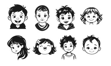 Tatlı çocuk yüzleri, çizgi film çocukları, duygusal bebek ifadeleri, siyah beyaz karakterler.