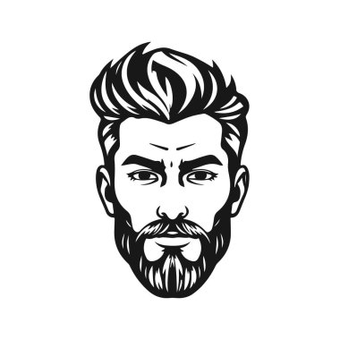 Kalın saçlı, dolgun sakallı stilize erkek yüzü, güçlü ifade, kalın çizgiler, monokrom vektör portre, hippi tarzı, sakallı adam, modern saç kesimi, erkeksi yüz, vektör portresi