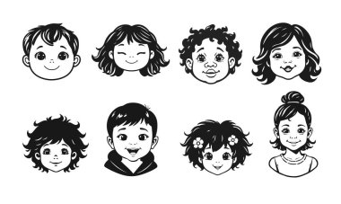 Tatlı çocuk yüzleri, çizgi film çocukları, duygusal bebek ifadeleri, siyah beyaz karakterler.