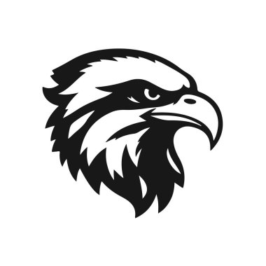 Kartal başı net siyah-beyaz vektör stili, ayrıntılı tüyler, güçlü gaga, yoğun ve odaklanmış görünüm, yırtıcı kuş, vektör kartal, vahşi kuş