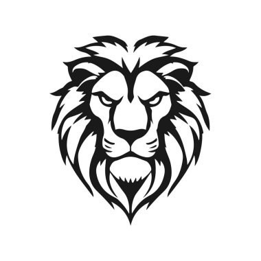 Cesur siyah-beyaz vektör stili aslan başı, görkemli yeleler, vahşi bakışlar, güçlü çizgiler, güçlü ifade, aslan başı, vahşi hayvan, vektör aslan, vahşi yırtıcı, görkemli canavar