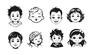 Tatlı çocuk yüzleri, çizgi film çocukları, duygusal bebek ifadeleri, siyah beyaz karakterler.