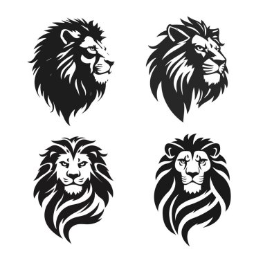 Aslan başlarının siyah-beyaz vektör stili koleksiyonu, görkemli yelesi, vahşi görünüm, güçlü çizgiler, güçlü ifade, aslan başı, vahşi hayvan, vektör aslan, yırtıcı hayvan, görkemli canavar