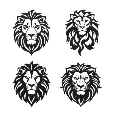 Aslan başlarının siyah-beyaz vektör stili koleksiyonu, görkemli yelesi, vahşi görünüm, güçlü çizgiler, güçlü ifade, aslan başı, vahşi hayvan, vektör aslan, yırtıcı hayvan, görkemli canavar