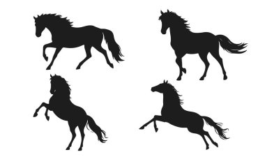At silueti koleksiyonu, vahşi koşu atı, dört nala koşan at vektörü, siyah at çizgisi, aygır çizgisi.