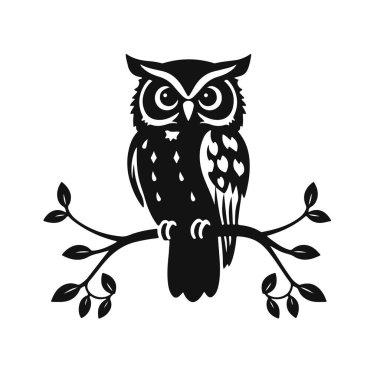 Bir ağaç dalında oturan baykuşun silueti düz bir şekilde koyu siyah vektör çizimi ile detaylandırılmış tüyler, çizgi film baykuşu, baykuş silueti, ağaç dalı, vektör illüstrasyonu, siyah taslak