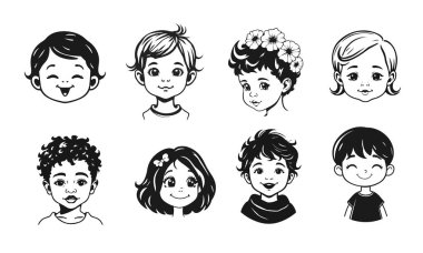 Tatlı çocuk yüzleri, çizgi film çocukları, duygusal bebek ifadeleri, siyah beyaz karakterler.