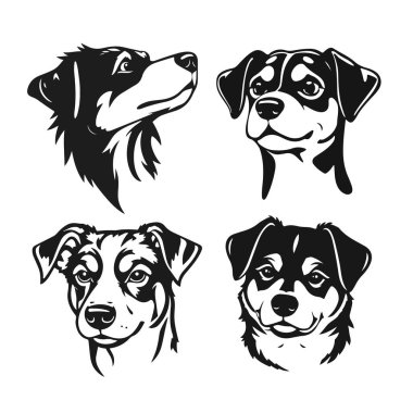 Ayrıntılı kürk, ifade ve cins varyasyonlu köpek kafası, köpek kafası, köpek yüzü, vektör köpek, evcil hayvan portresi, siyah silüet