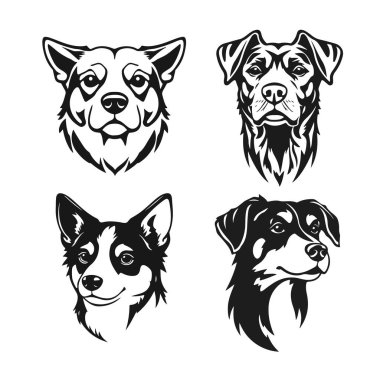 Ayrıntılı kürk, ifade ve cins varyasyonlu köpek kafası, köpek kafası, köpek yüzü, vektör köpek, evcil hayvan portresi, siyah silüet