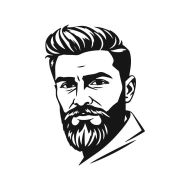Kalın saçlı, dolgun sakallı stilize erkek yüzü, güçlü ifade, kalın çizgiler, monokrom vektör portre, hippi tarzı, sakallı adam, modern saç kesimi, erkeksi yüz, vektör portresi