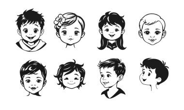 Tatlı çocuk yüzleri, çizgi film çocukları, duygusal bebek ifadeleri, siyah beyaz karakterler.