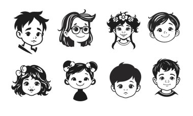 Tatlı çocuk yüzleri, çizgi film çocukları, duygusal bebek ifadeleri, siyah beyaz karakterler.