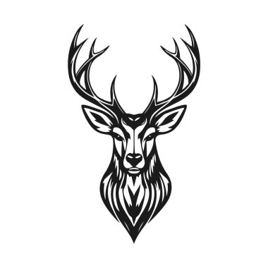 Geyik kafası silueti, siyah beyaz çizgili geyik boynuzları, güçlü orman titreşimli cesur hayvan profili, geyik kafası, geyik silueti, boynuz sanatı, orman hayvanı, vahşi yaşam çizimi.