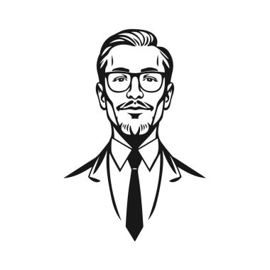 Siyah takım elbiseli ve gözlüklü şık sakallı iş adamı avatarı, modern saç kesimi olan temiz vektör erkek portresi, iş adamı, erkek avatar, sakallı adam, vektör portresi, şık karakter