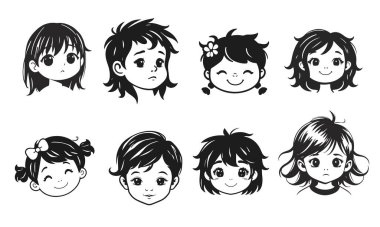 Tatlı çocuk yüzleri, çizgi film çocukları, duygusal bebek ifadeleri, siyah beyaz karakterler.