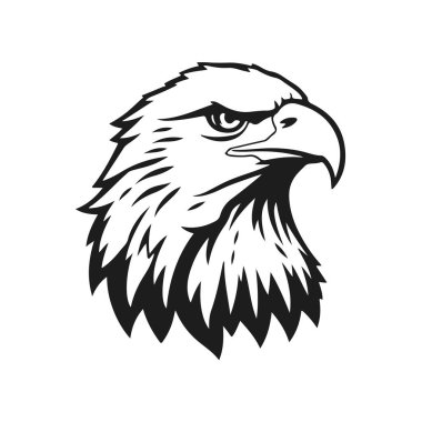 Keskin gagalı ve anlamlı gözleri olan siyah-beyaz vektör stili kartal kafası, kuş kafası, kartal yüzü, yırtıcı kuş yüzü.