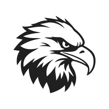Keskin gagalı ve anlamlı gözleri olan siyah-beyaz vektör stili kartal kafası, kuş kafası, kartal yüzü, yırtıcı kuş yüzü.