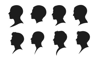 Erkek baş silueti, farklı saç stilleri olan erkeklerin profil simgeleri, vektör siyah illüstrasyon, erkek profili, baş silueti, insan kafası, insan kafası