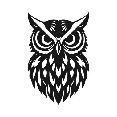 Siyah-beyaz vektör tarzında baykuş silueti geniş açık gözler, sivri kulaklar, baykuş silueti, kuş çizgisi, gece kuşu, vektör baykuşu, yırtıcı kuş.