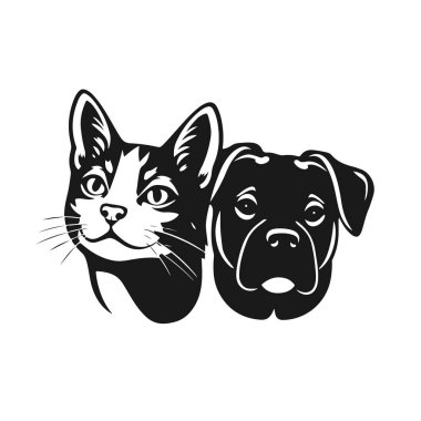Kedi ve köpek kafalarının siyah ve beyaz vektörü, dost canlısı hayvan ikilisi, hayvan severler logosu, basit taslak çizimi, kedi köpeği, hayvan kafası, hayvan vektörü, hayvan arkadaşları