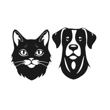 Kedi ve köpek kafalarının siyah ve beyaz vektörü, dost canlısı hayvan ikilisi, hayvan severler logosu, basit taslak çizimi, kedi köpeği, hayvan kafası, hayvan vektörü, hayvan arkadaşları