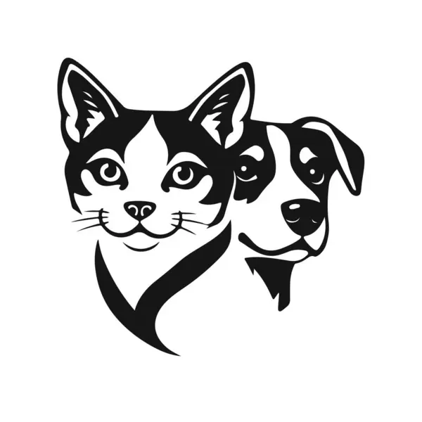 Kedi ve köpek kafalarının siyah ve beyaz vektörü, dost canlısı hayvan ikilisi, hayvan severler logosu, basit taslak çizimi, kedi köpeği, hayvan kafası, hayvan vektörü, hayvan arkadaşları