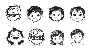 Tatlı çocuk yüzleri, çizgi film çocukları, duygusal bebek ifadeleri, siyah beyaz karakterler.