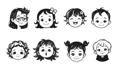 Tatlı çocuk yüzleri, çizgi film çocukları, duygusal bebek ifadeleri, siyah beyaz karakterler.