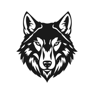 Kurt başı illüstrasyonu, vahşi hayvan amblemi, kabile kurt tasarımı, tek renkli vektör sanatı.