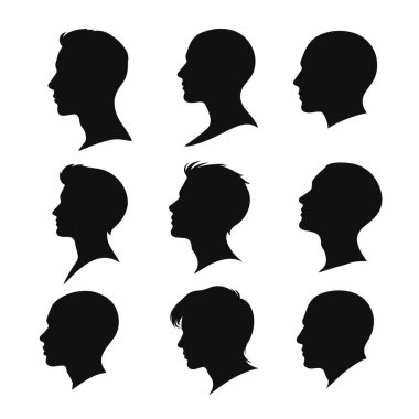 Erkek baş silueti, farklı saç stilleri olan erkeklerin profil simgeleri, vektör siyah illüstrasyon, erkek profili, baş silueti, insan kafası, insan kafası