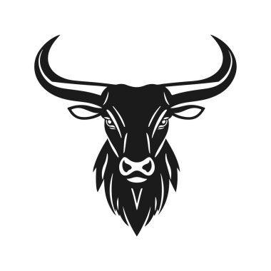 Boğa başlı logo, güçlü hayvan amblemi, kızgın boğa yüzü, boynuzlu canavar ikonu, vektör çizimi.