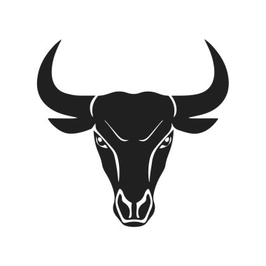Boğa başlı logo, güçlü hayvan amblemi, kızgın boğa yüzü, boynuzlu canavar ikonu, vektör çizimi.