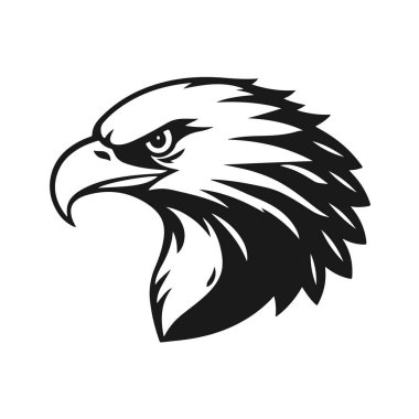 Keskin gagalı ve anlamlı gözleri olan siyah-beyaz vektör stili kartal kafası, kuş kafası, kartal yüzü, yırtıcı kuş yüzü.