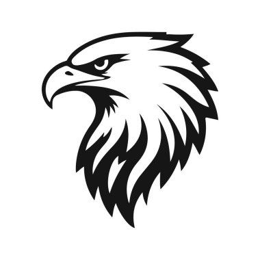 Keskin gagalı ve anlamlı gözleri olan siyah-beyaz vektör stili kartal kafası, kuş kafası, kartal yüzü, yırtıcı kuş yüzü.