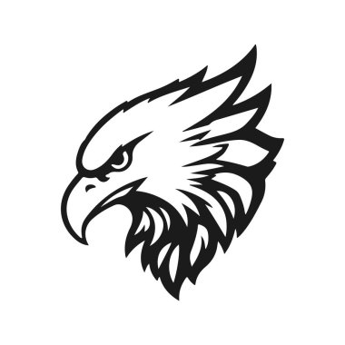 Keskin gagalı ve anlamlı gözleri olan siyah-beyaz vektör stili kartal kafası, kuş kafası, kartal yüzü, yırtıcı kuş yüzü.