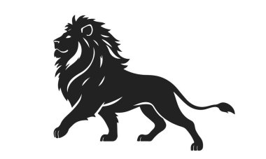 Aslan silueti vektörü, vahşi hayvan sanatı, görkemli aslan çizimi, güçlü yırtıcı logosu, siyah aslan tasarımı.