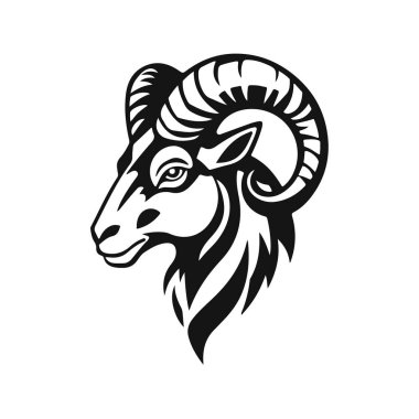 Koç başı çizimi, dağ keçisi logosu, vahşi hayvan amblemi, boynuzlu hayvan tasarımı, kabile keçi sanatı sembolü.