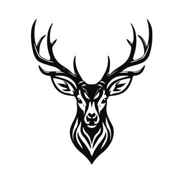 Geyik kafası silueti, siyah beyaz çizgili geyik boynuzları, güçlü orman titreşimli cesur hayvan profili, geyik kafası, geyik silueti, boynuz sanatı, orman hayvanı, vahşi yaşam çizimi.