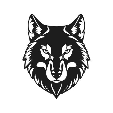 Kurt başı illüstrasyonu, vahşi hayvan amblemi, kabile kurt tasarımı, tek renkli vektör sanatı.