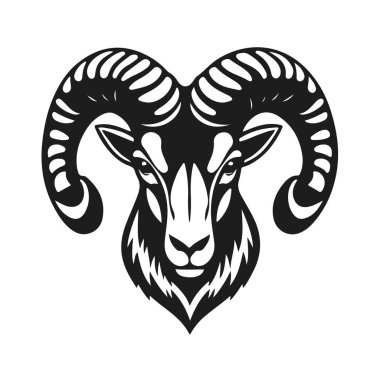 Koç başı çizimi, dağ keçisi logosu, vahşi hayvan amblemi, boynuzlu hayvan tasarımı, kabile keçi sanatı sembolü.