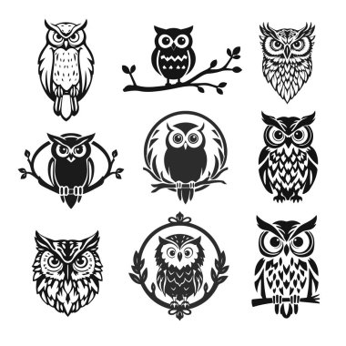 Keskin gözlü baykuş koleksiyonu, temiz çizgiler, bilgelik ve gücün sembolü. Baykuş, baykuş amblemi, gece kuşu, kabile baykuşu.