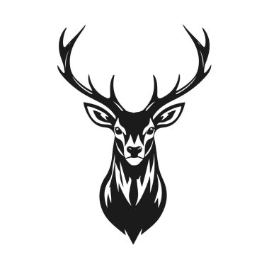 Geyik başı illüstrasyonu, boynuzlu hayvan amblemi, vahşi geyik çizimi, klasik geyik logosu, orman vahşi yaşam tasarımı.