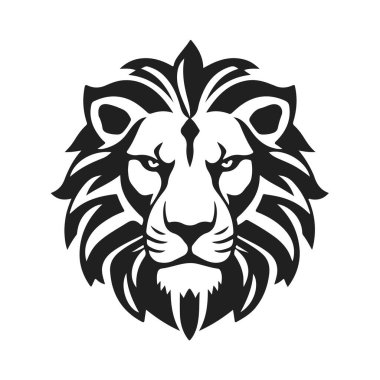 Aslan başı çizimi, vahşi kedi logosu, görkemli hayvan yüzü, hayvanların kralı, güçlü aslan amblemi tasarımı.
