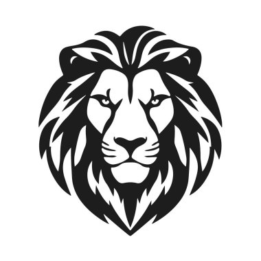 Aslan başı çizimi, vahşi kedi logosu, görkemli hayvan yüzü, hayvanların kralı, güçlü aslan amblemi tasarımı.