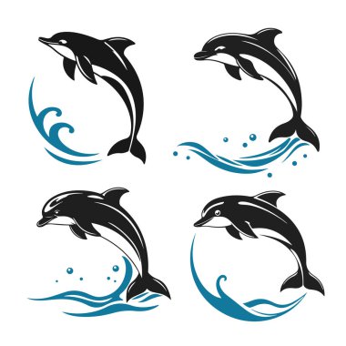 Siyah siluet, denizcilik amblemi, okyanus simgesi, deniz hayvanı, su sembolü içeren yunus logosu koleksiyonu