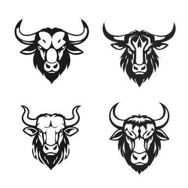 Boğa başlı logo koleksiyonu, güçlü hayvan amblemi, kızgın boğa yüzü, boynuzlu canavar ikonu, vektör illüstrasyonu