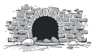 Eski taş tünel, ortaçağ kemer yolu, tuğla mağara girişi, antika taş duvar, tarihi zindan kapı illüstrasyonu