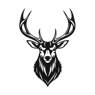 Geyik kafası silueti, siyah beyaz çizgili geyik boynuzları, güçlü orman titreşimli cesur hayvan profili, geyik kafası, geyik silueti, boynuz sanatı, orman hayvanı, vahşi yaşam çizimi.